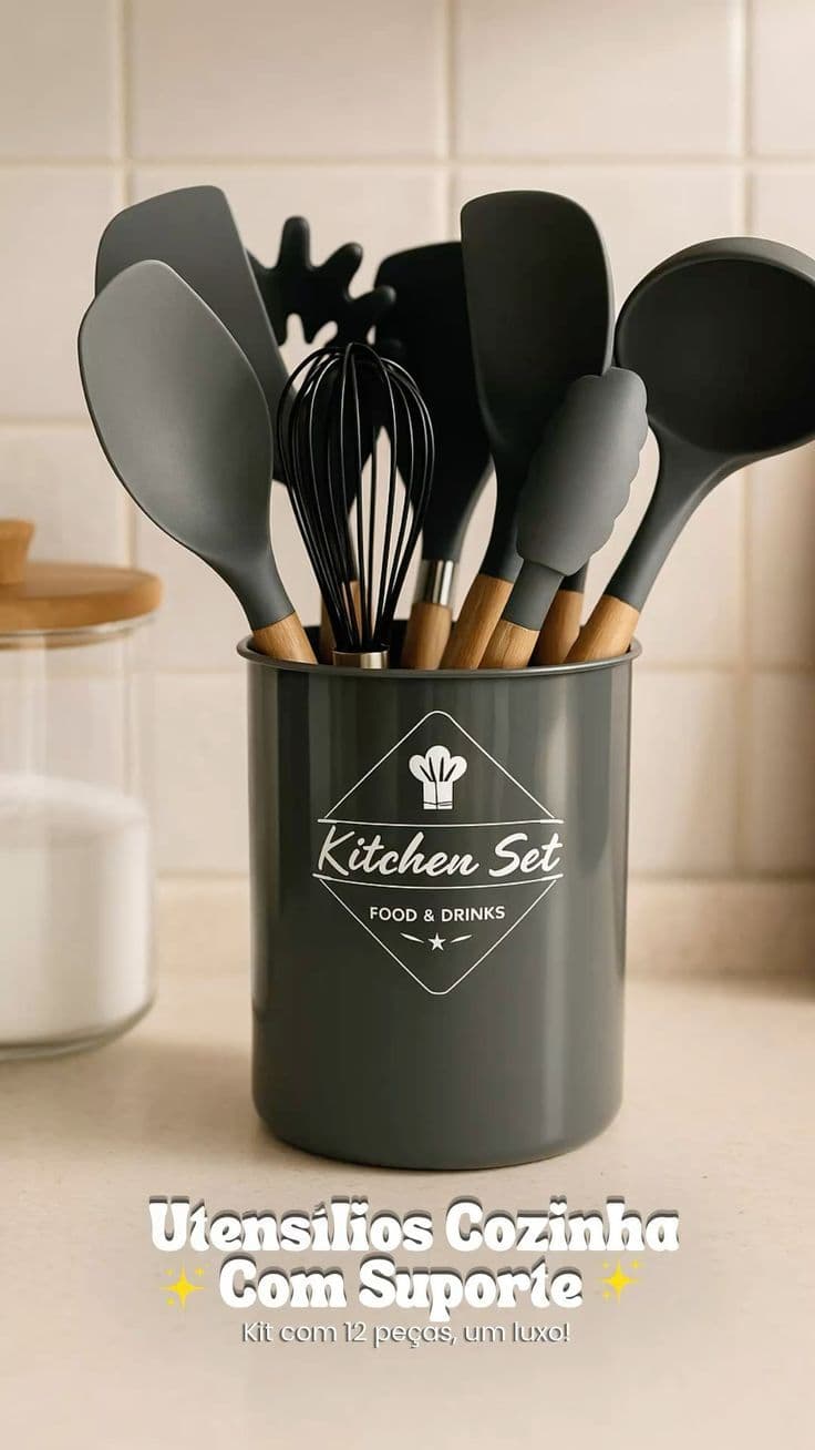 Kit Premium de 12 Utensílios de Silicone e Madeira 